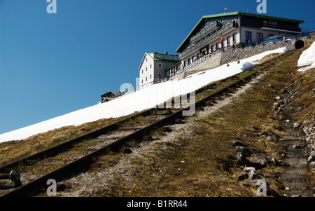 Schafbergspitze House with rails for bringing up luggage to the summit of the Schafberg mountain, Salzburg, Austria, Europe Stock Photo