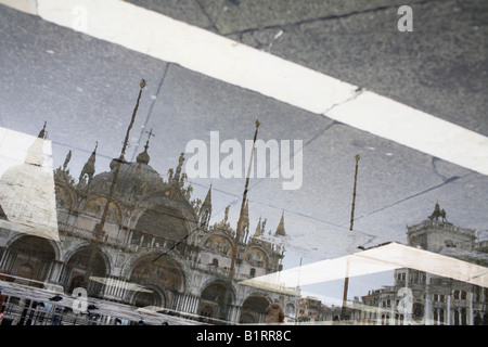 The Campanile reflected in the rain in St Marks Square, Venice, Italy, Europe Stock Photo