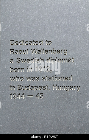 Inscription on the Raoul Wallenberg Memorial, United Nations Plaza, Manhattan, New York City, USA Stock Photo