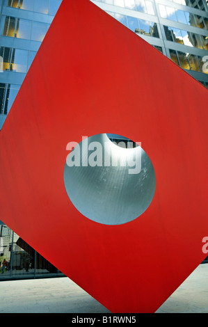 Red Cube sculpture by Isama Noguchi in front of the Brown Brothers Harriman & Co bank, BBH, Financial District, New York City,  Stock Photo