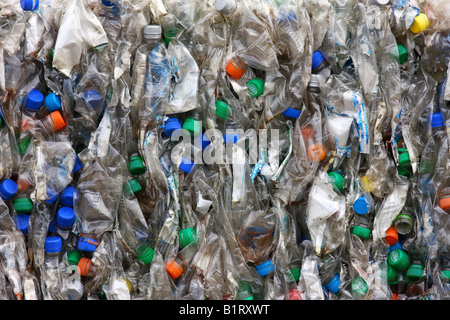 Colourful crushed, compacted plastic bottles for recycling Stock Photo