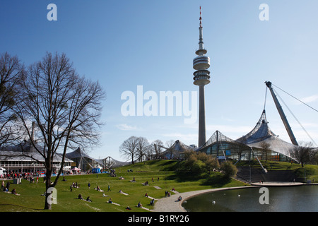 Olympic Stadium, TV tower and Olypiahalle in Olympia Park, Munich, Bavaria, Germany, Europe Stock Photo