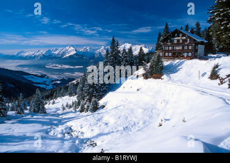 Loas alpine guesthouse with the Inn Valley and Karwendel Mountains at back, Schwaz, Tyrol, Austria, Europe Stock Photo