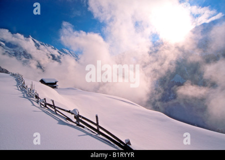 Barn in the snow, Brandberg, Zillertal Valley, Tirol, Austria, Europe Stock Photo