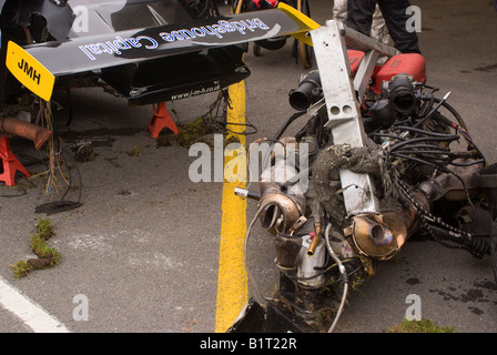 Destroyed Rear End of Ferrari 360 GT with Engine Ripped Out After Crash at oulton Park Motor Racing Circuit Cheshire England UK Stock Photo