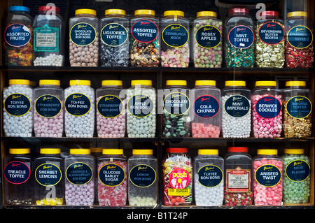 Sweet jars on shelves in a Scottish sweetshop. Scotland Stock Photo