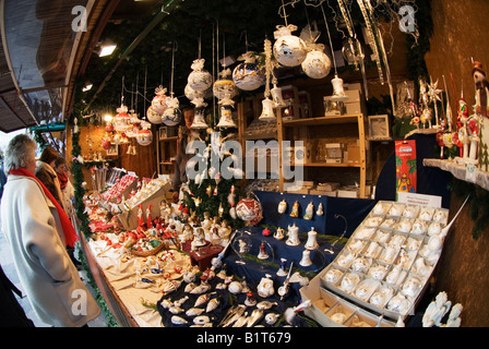 handcrafted decoration objects on display in stall on christmas market in Duesseldorf Germany Stock Photo