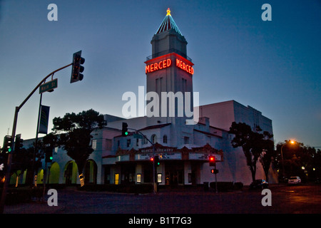 Opened in 1931 the Merced Theatre in Merced California with its neon lit tower stages live theatre plus motion pictures Stock Photo