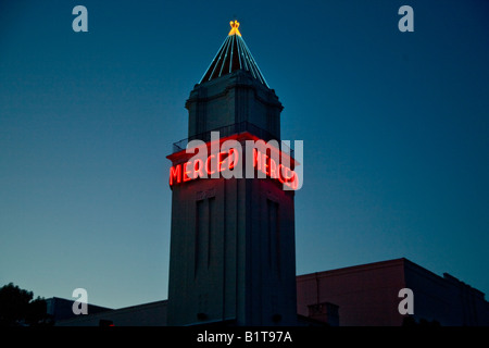 Opened in 1931 the Merced Theatre in Merced California with its neon lit tower stages live theatre plus motion pictures Stock Photo