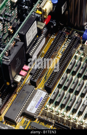 Intel motherboard detail with 1 megabyte ram chips, circa 1992 Stock Photo