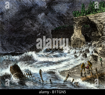 Storm washing shipwreck victims and debris ashore along Lake Superior 1800s. Hand-colored woodcut