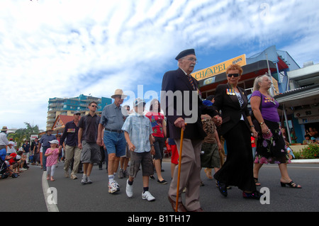 War veterans and families marching in the ANZAC day parade 25 April 2008 Cairns Queensland Australia No MR Stock Photo