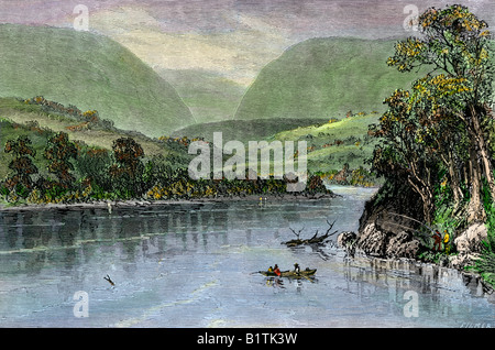 Rowboat on the Delaware River between New Jersey and Pennsylvania 1800s. Hand-colored woodcut Stock Photo