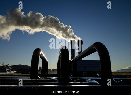 Geothermal Pipes with Steam at Hellisheidi Geothermal Power Plant Stock Photo
