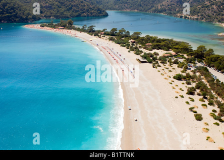 Arial view of Oludeniz beach in Fethiye, Mugla Turkey from a paraglider who jumped off babadag mountain Stock Photo