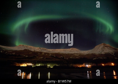 Aurora Borealis or Northern Lights over Mount Esja, Reykjavik Iceland Stock Photo