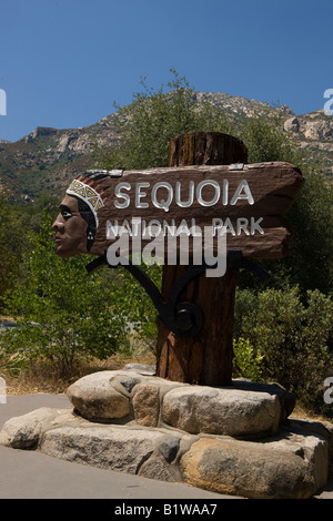 A National Park Service welcome sign to Sequoia National Park, located near the Ash Mountain Entrance along the Generals Highway, California, USA Stock Photo