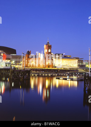 Senedd Assembly Building and Pierhead Building at night Cardiff Bay Portrait Cardiff South Wales UK Stock Photo