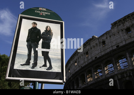 Colosseo Metro/bus stop sign in Rome, Italy. With the Colosseum in background. ATAC runs Rome's public transport system. Stock Photo