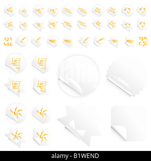 Vector illustrations of four different modern glossy shiny stickers or tags Various custom themes Orange writing Stock Photo