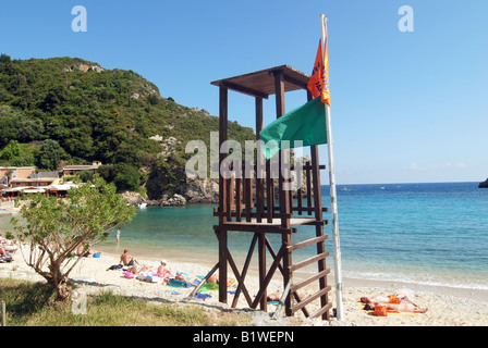 lifeguard tower on beach in Paleokastritsa (Palaiokastritsa) beach, greek island of Corfu (Ionian Sea) Stock Photo