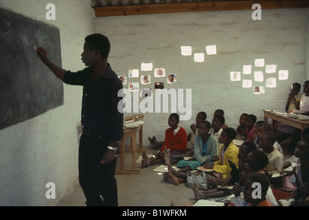 MOZAMBIQUE Southern East Africa Jacua WFP feeding school Teacher at blackboard in classroom with secondary maths class students Stock Photo