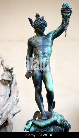 ITALY Tuscany Florence Statue of Perseus holding severed head of Medusa by Cellini in Loggia del Lanzi in Piazza della Signoria Stock Photo