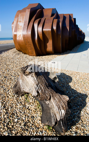 ENGLAND West Sussex Littlehampton Beach Rusted metal seafood restaurant by architect Thomas Heatherwick by promenade driftwood Stock Photo