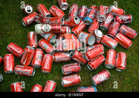 A pile of red empty food and drink cans, ready to be recycled. Stock Photo