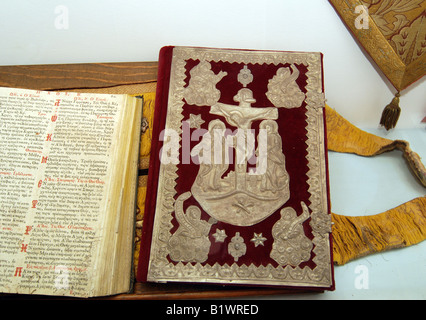 The Bible with decorated binding in Paleokastritsa Monastery museum also known as Theotokos Monastery, greek island of Corfu Stock Photo