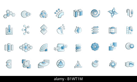 Vector illustration of 32 modern logo designs in blue cyan platinum and black Stock Photo