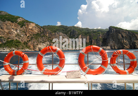 Boat trip along the rocky coast of greek island of Corfu (Ionian Sea) Stock Photo