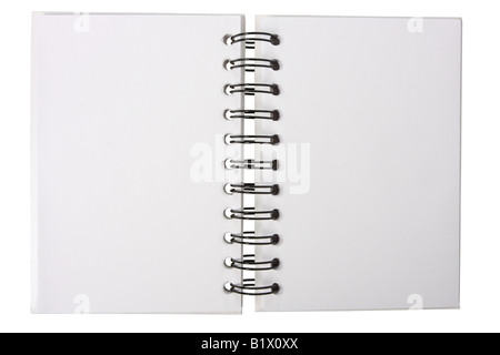 White notebook with black ring binders isolated on white open in the middle Stock Photo