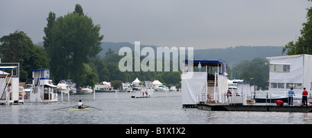 An early morning view of Henley Regatta on the River Thames downstream from Henley Bridge