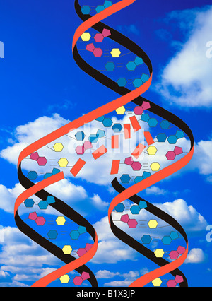 abstract computer generated DNA double helix sky clouds background