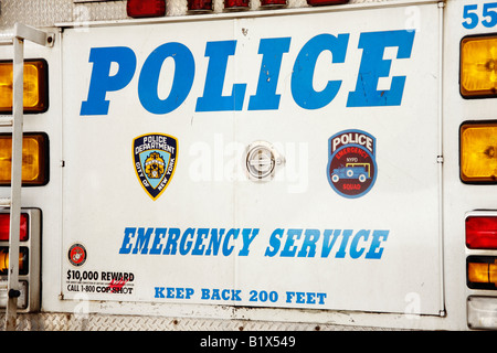 Back side of a police emergency service truck - New York City, USA Stock Photo
