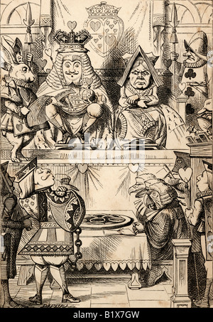 The Trial of the Knave of Hearts with the King and Queen of Hearts above Stock Photo