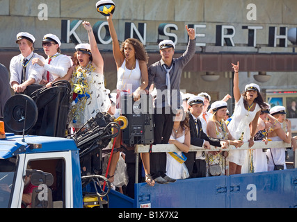 Students ride truck during traditional celebration of High School Graduation Day in Gothenburg Sweden Jun 2008 Stock Photo