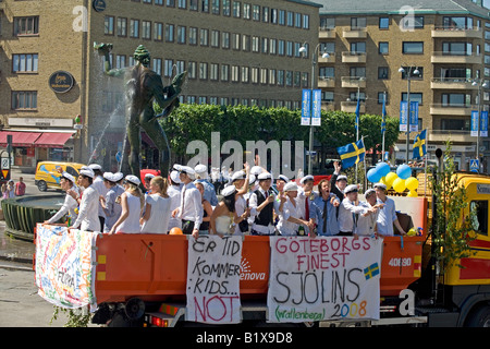 Students ride truck during traditional celebration of High School Graduation Day in Gothenburg Sweden Jun 2008 Stock Photo