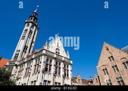 Church and Houses on Jan Van Eyckplein, Old Town, Bruges, Belgium Stock Photo