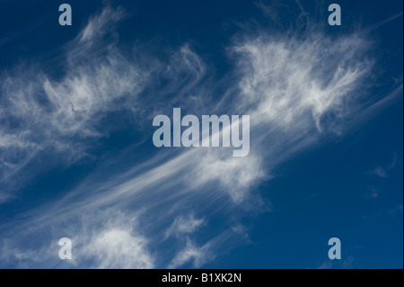 Cirrus Clouds in a bright blue sky in Scotland Stock Photo