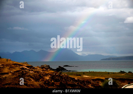 Rainbow over the mountains of Sutherland, from Mellon Udrigle beach, Gruinard Bay, Wester Ross, Scottish Highlands on the north coast 500 route