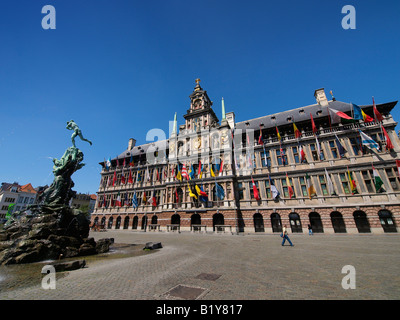Antwerp city hall with the Brabo fountain on the left Grote Markt main market square Antwerp Flanders Belgium Stock Photo