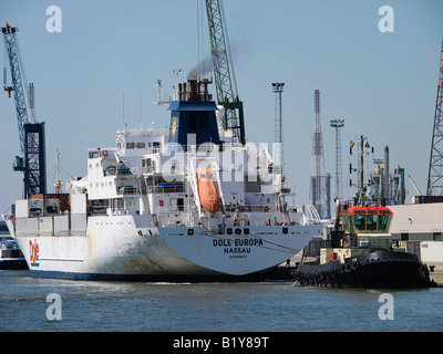 Dole ship being tugged in the port of Antwerp, Belgium Stock Photo