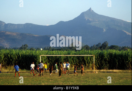 Mauritius soccer in sugar cane fields Stock Photo