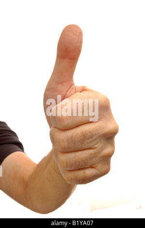 Thumbs up! Wide-angle, distorted, view of a man giving the thumbs up sign, isolated on white Stock Photo