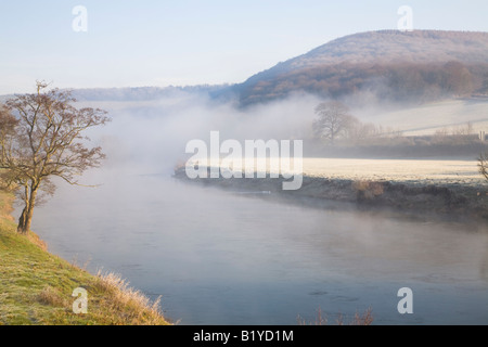 River Wye in the mist, Wye Valley near Tintern Abbey. Stock Photo