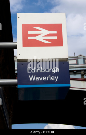 Waverley railway station in Edinburgh city centre - entrance sign under North Bridge Stock Photo