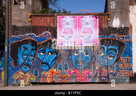 The Beatles illustrated on a wall by a spray paint artist, Liverpool Stock Photo