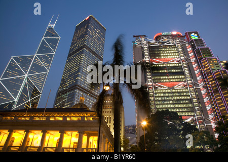 Hong Kong s central skyline as seen from near the cenotaph L to R Bank of China Cheung Kong Centre HSBC with the Legislative cnl Stock Photo